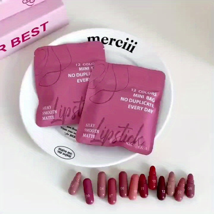 Mini Capsule Lipstick Set - 12 Soft Matte Colours in Pink, Red & Brown