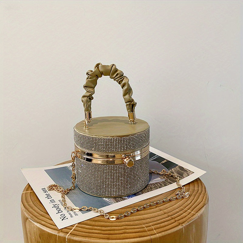 Mini Rhinestone Evening Bag - Ruched Bucket Purse with Chain Strap