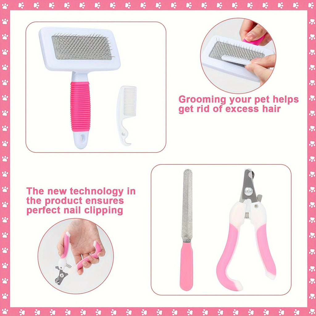 Mini Pet Grooming Kit - 8-Piece Pet Care Set with Nail Clippers & Bath Brush