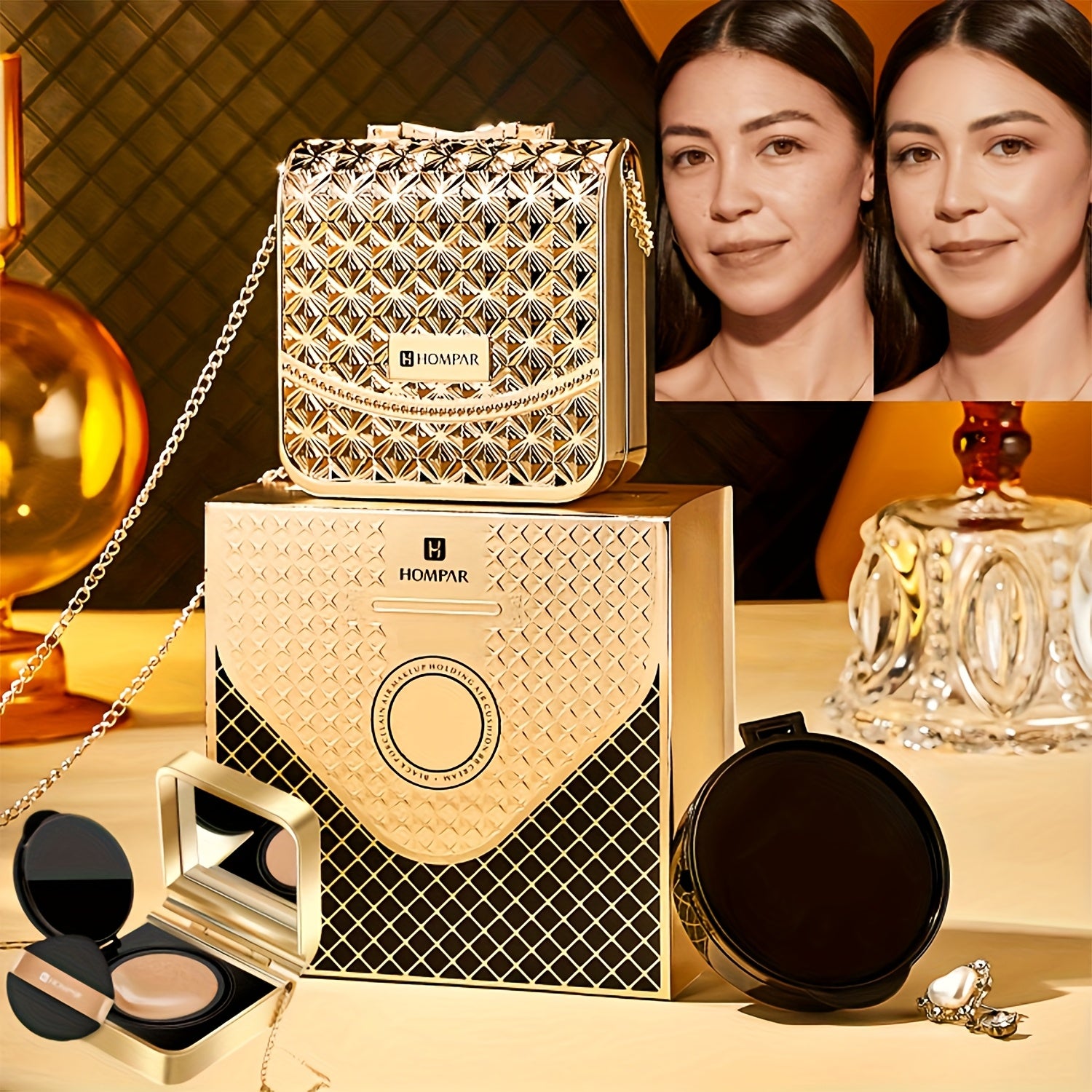 Mini Air Cushion Foundation Golden Bag– Long-Lasting BB Cream in Golden Purse Compact