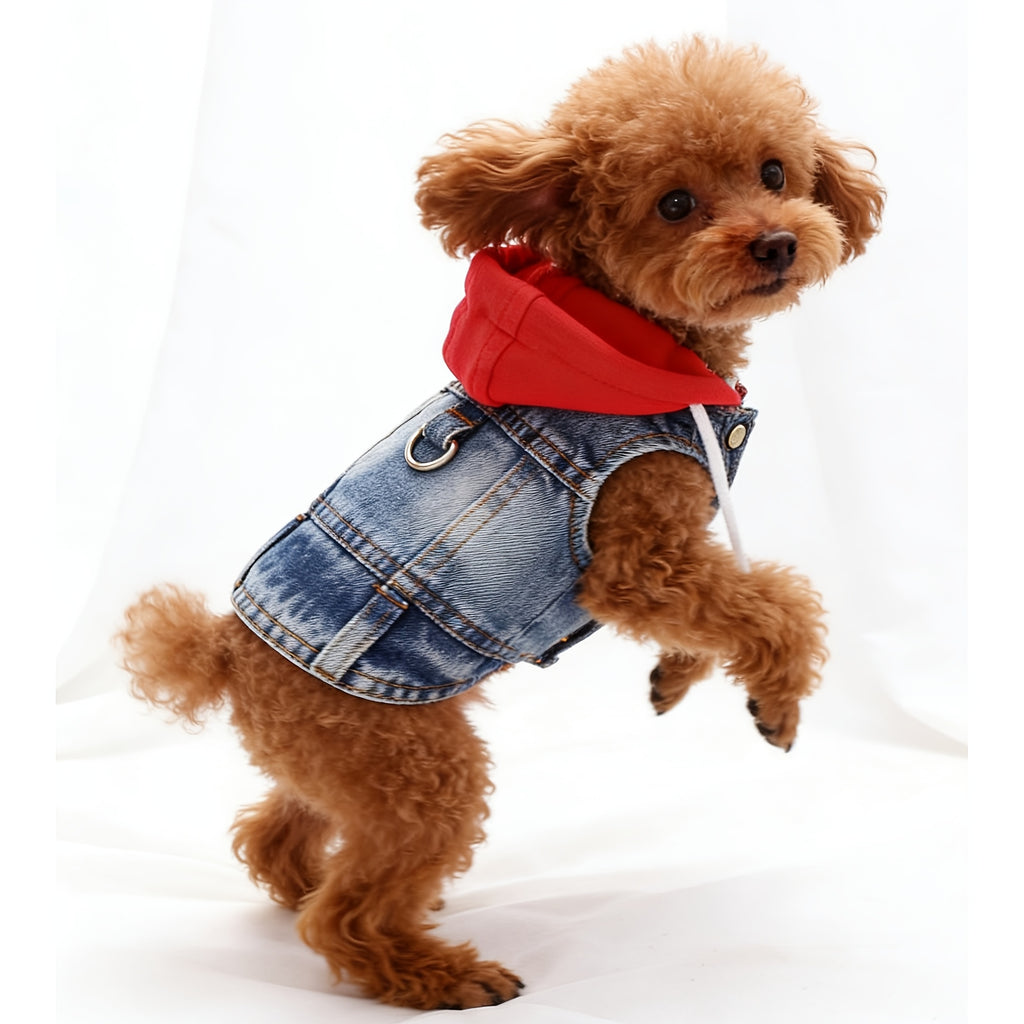 Mini Hooded Vest for Dogs & Cats – Faux Denim Button-Front Jacket