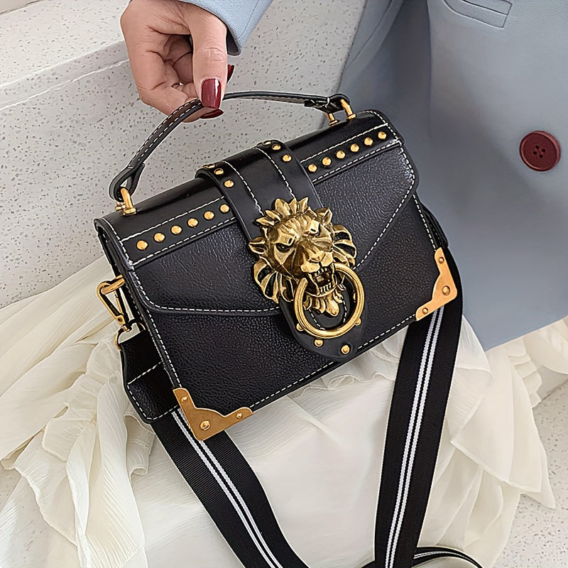 Mini Lion Head Crossbody Bag - Vintage PU Leather Shoulder Bag
