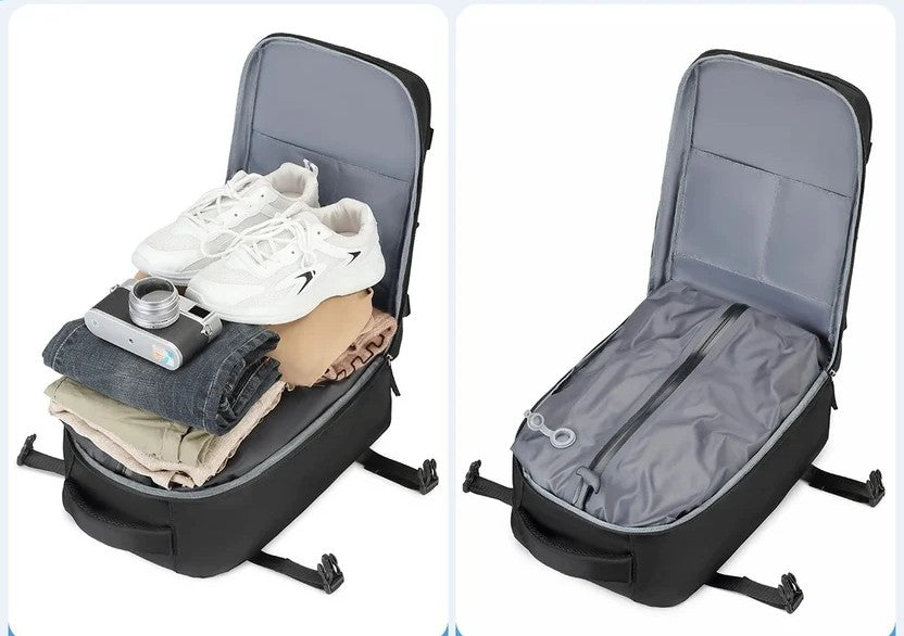 Black compression travel backpack open showing large capacity with shoes, clothes, and camera packed inside — 30L boarding bag