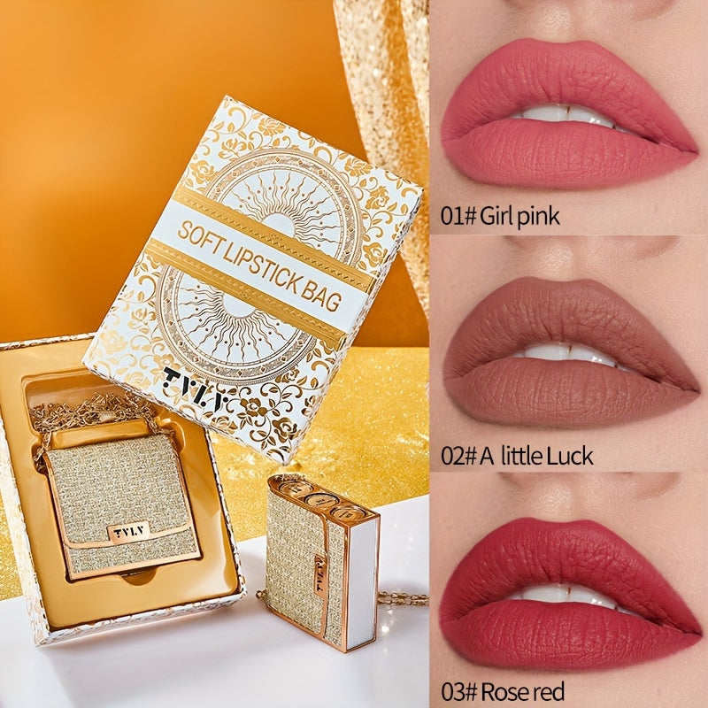 Mini Matte Velvet Lipstick Set – 3 Colors with Golden Chain Bag