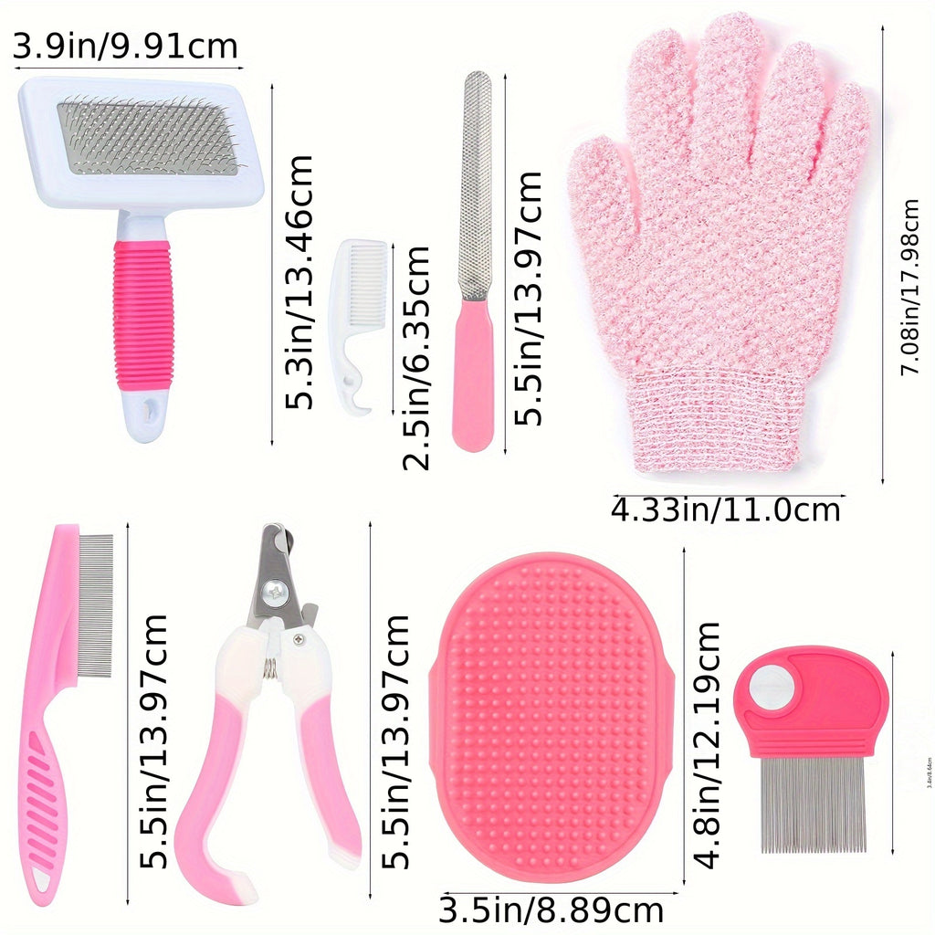 Mini Pet Grooming Kit - 8-Piece Pet Care Set with Nail Clippers & Bath Brush