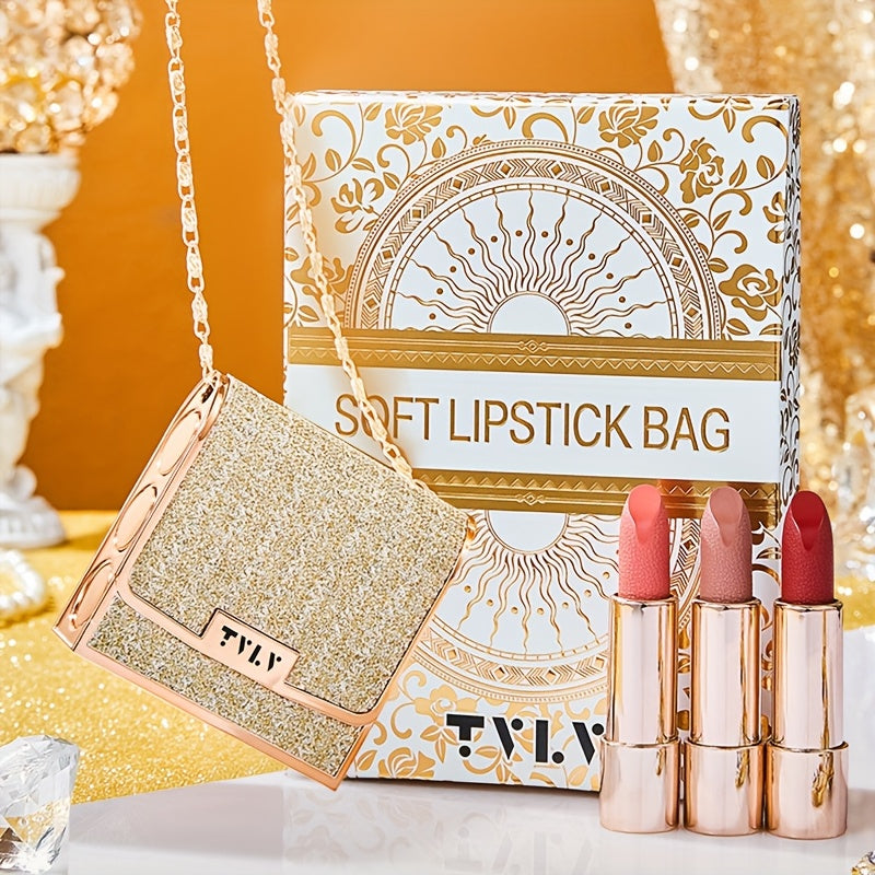 Mini Matte Velvet Lipstick Set – 3 Colors with Golden Chain Bag