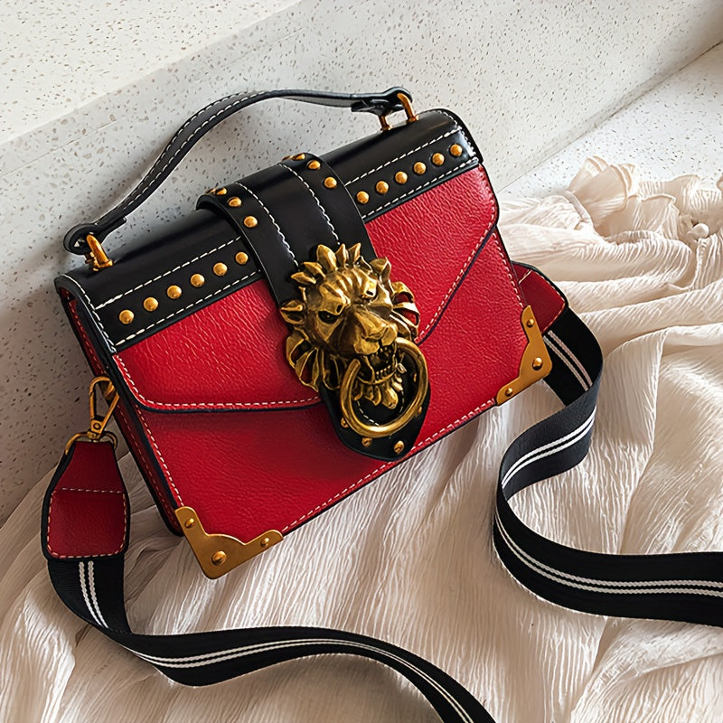Mini Lion Head Crossbody Bag - Vintage PU Leather Shoulder Bag