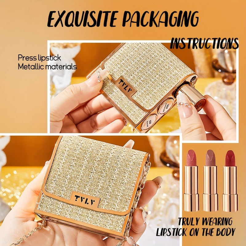 Mini Matte Velvet Lipstick Set – 3 Colors with Golden Chain Bag