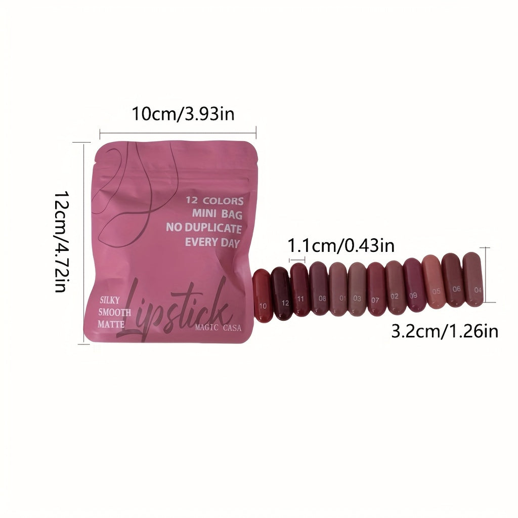 Mini Capsule Lipstick Set - 12 Soft Matte Colours in Pink, Red & Brown