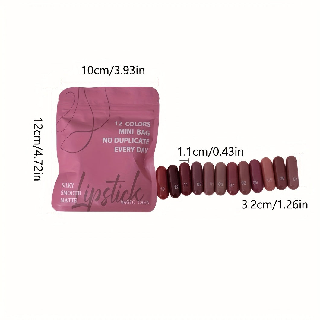Mini Capsule Lipstick Set - 12 Soft Matte Colours in Pink, Red & Brown