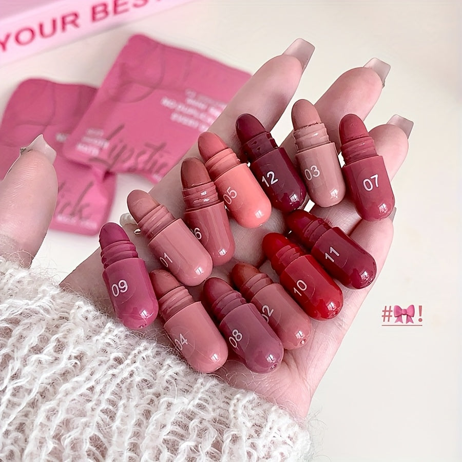 Mini Capsule Lipstick Set - 12 Soft Matte Colours in Pink, Red & Brown