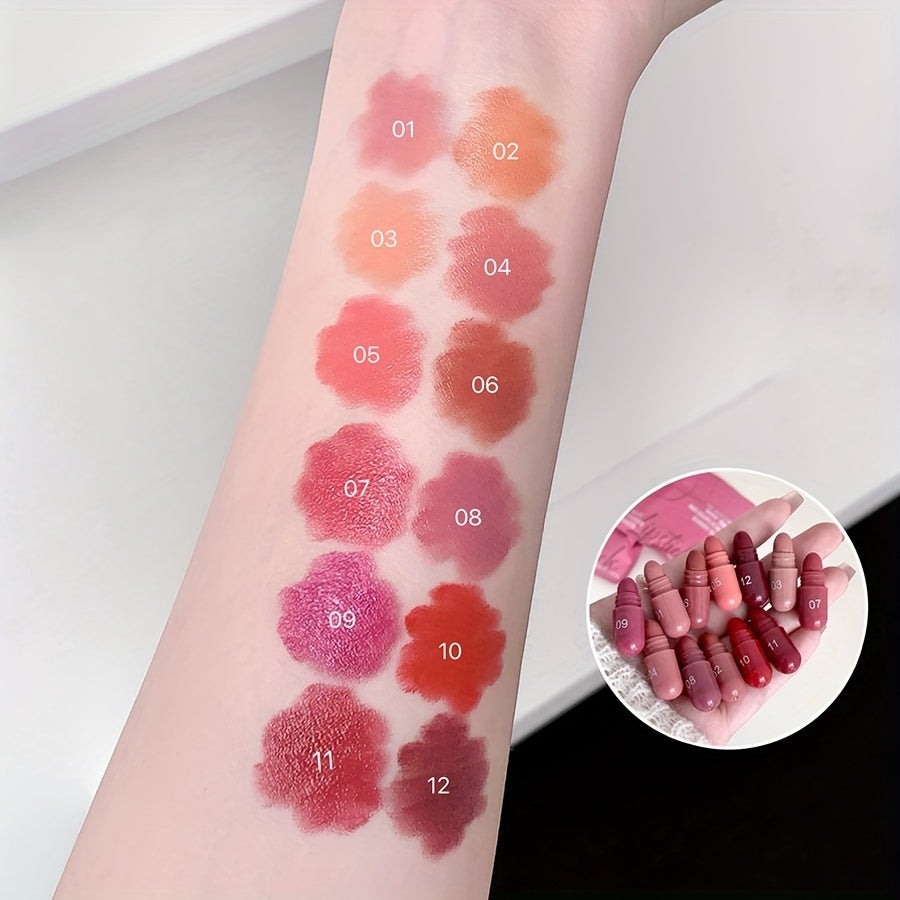 Mini Capsule Lipstick Set - 12 Soft Matte Colours in Pink, Red & Brown