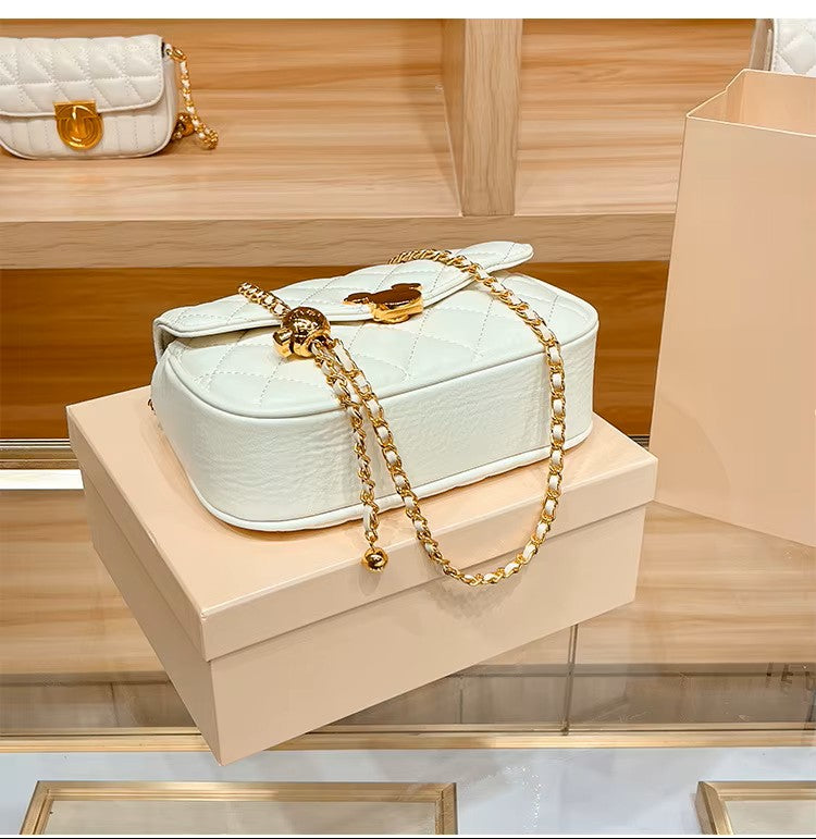 Mini Golden Ball Chain Bag - Leather Crossbody Square Purse with Mickey Detail