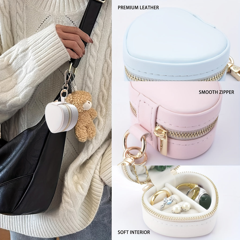 Heart‑Shaped Mini Jewellery Box Keychain – Luxury Portable PU Organizer for Rings & Earrings