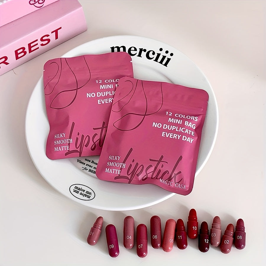 Mini Capsule Lipstick Set - 12 Soft Matte Colours in Pink, Red & Brown