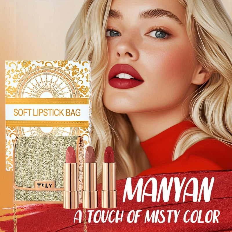 Mini Matte Velvet Lipstick Set – 3 Colors with Golden Chain Bag