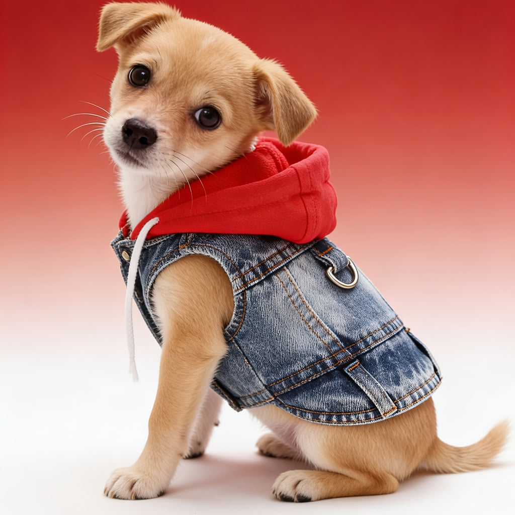 Mini Hooded Vest for Dogs & Cats – Faux Denim Button-Front Jacket