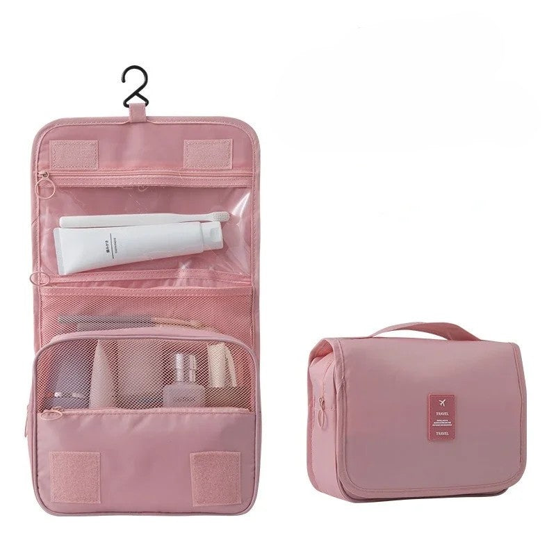 Waterproof hanging travel makeup bag in pink with hook and carry handle