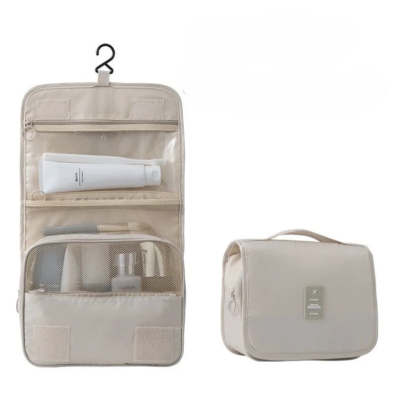 Waterproof hanging travel makeup bag in beige with hook and carry handle