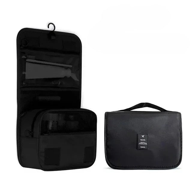 Waterproof hanging travel makeup bag in black with hook and carry handle