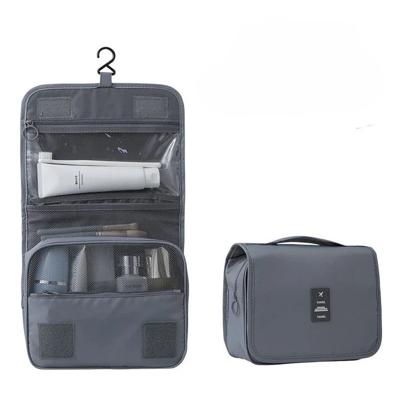  Waterproof hanging travel makeup bag in grey with hook and carry handle