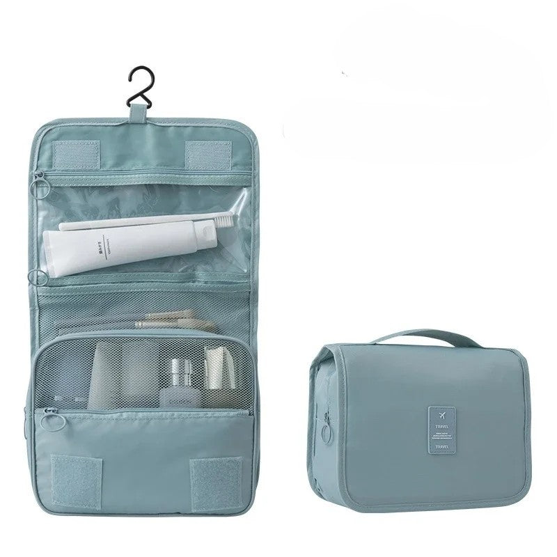 Waterproof hanging travel makeup bag in blue with hook and carry handle