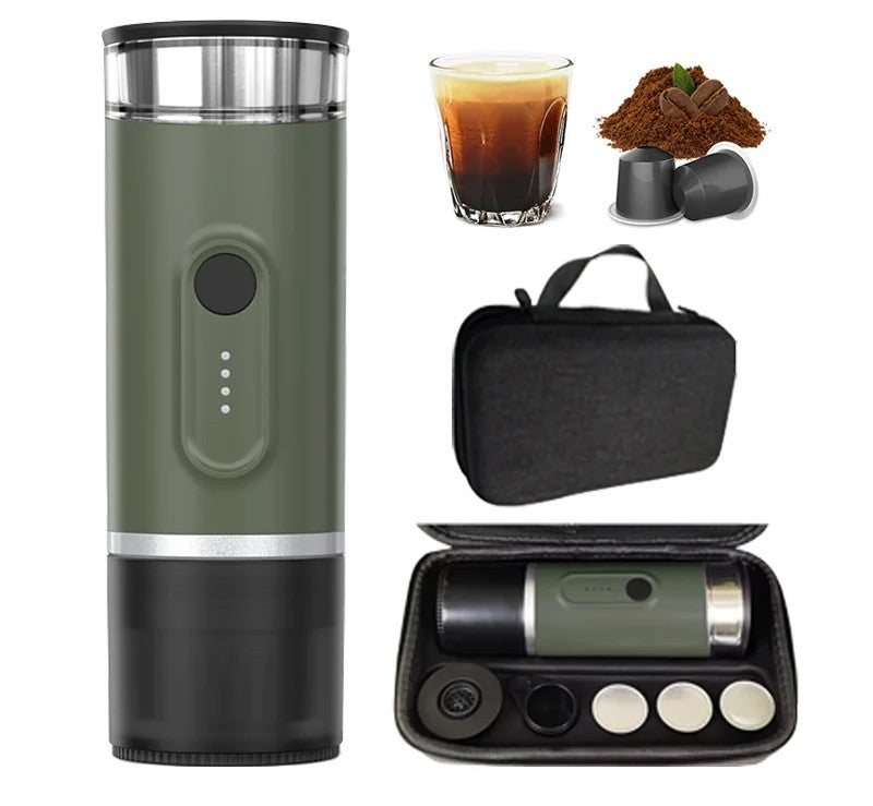 Green portable 2-in-1 battery powered coffee maker with travel case, compatible with capsules and ground coffee