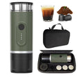Green portable 2-in-1 battery powered coffee maker with travel case, compatible with capsules and ground coffee