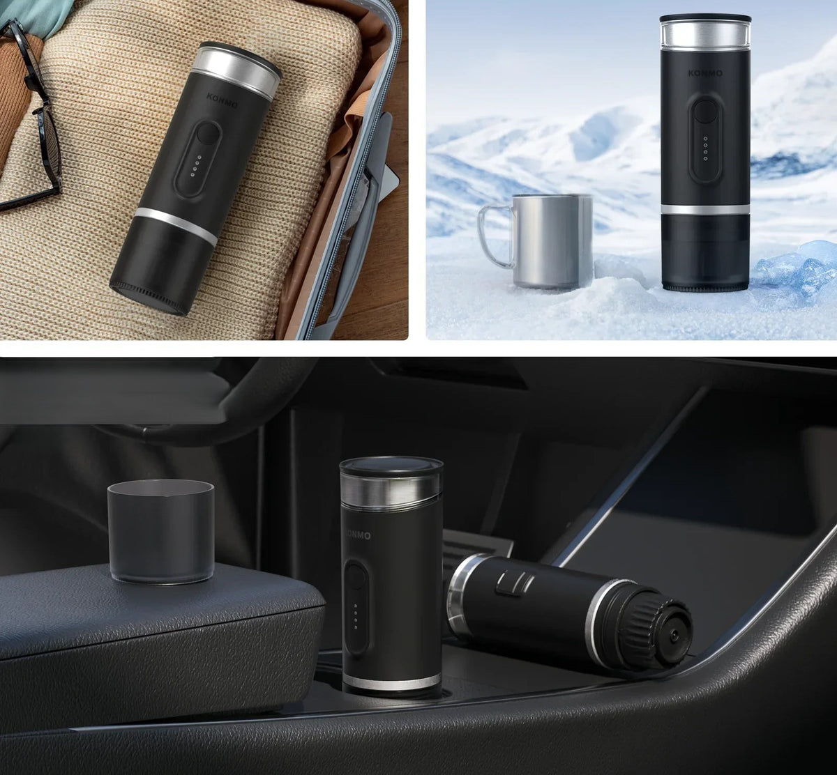 Portable battery powered coffee maker shown in suitcase, outdoor snow setting, and car cup holder - compact travel coffee maker