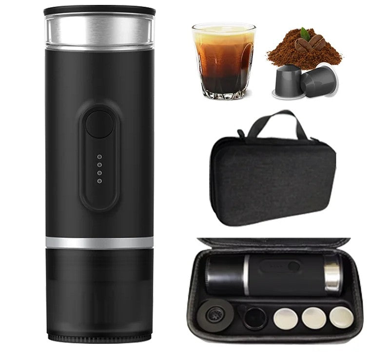 Black portable 2-in-1 battery powered coffee maker with travel case, compatible with capsules and ground coffee