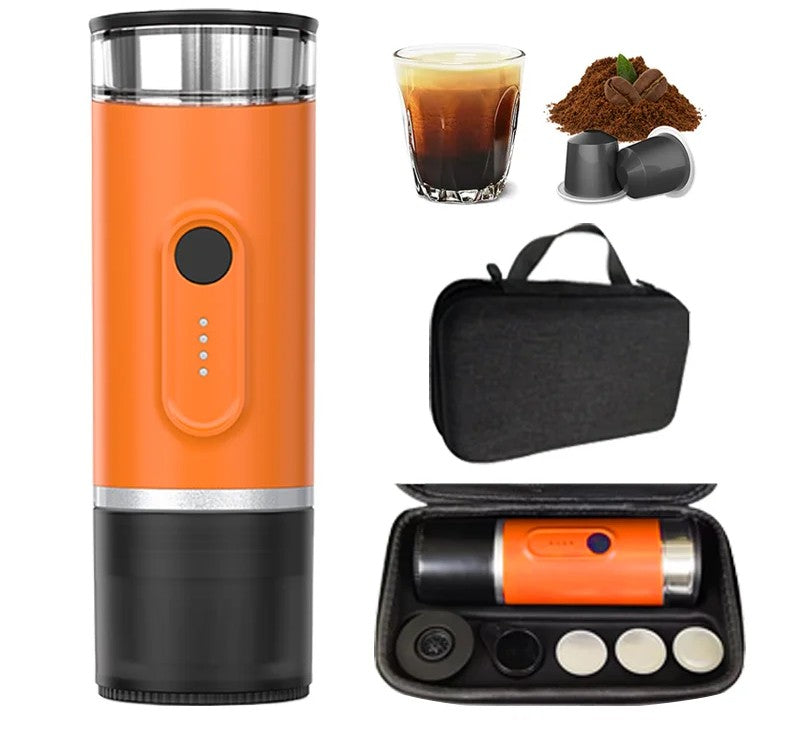 Orange portable 2-in-1 battery powered coffee maker with travel case, compatible with capsules and ground coffee