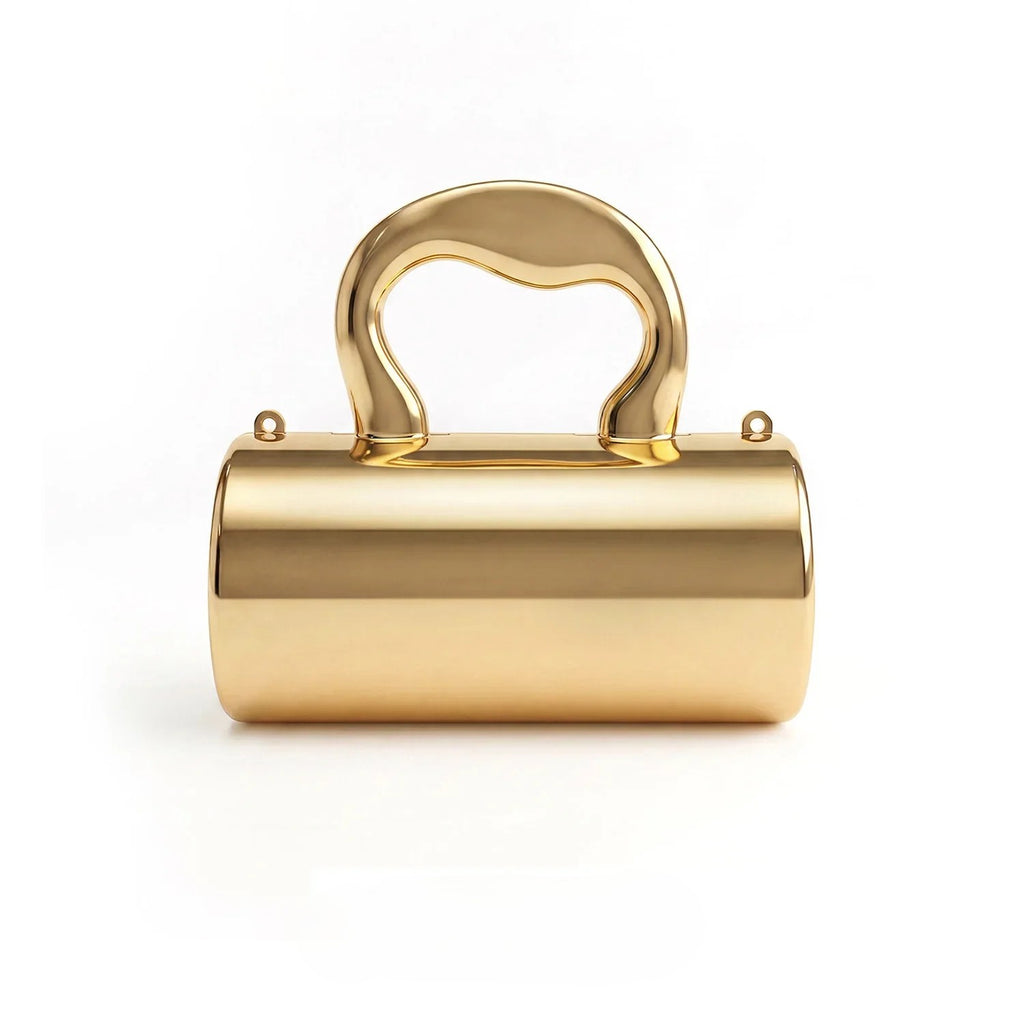 Mini acrylic cylindrical clutch in Gold – evening bag with detachable handle and chain strap