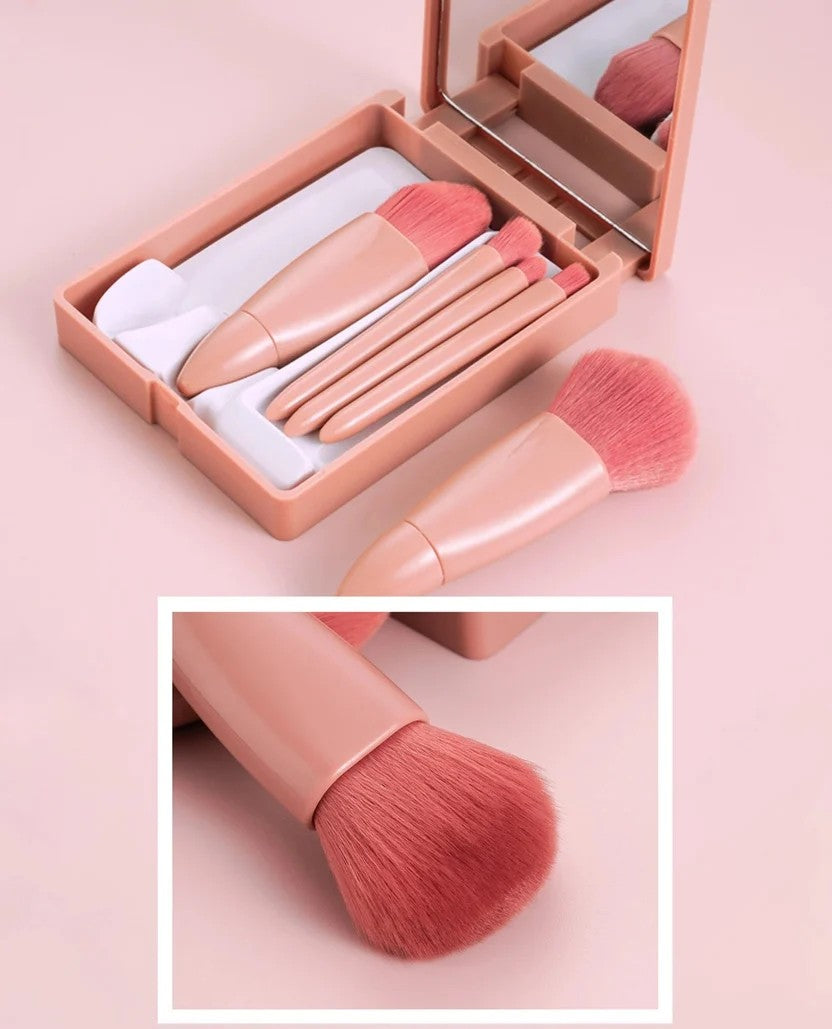 Coffee pink mini travel makeup brush set open beside powder brush close-up showing soft wool fibre bristles