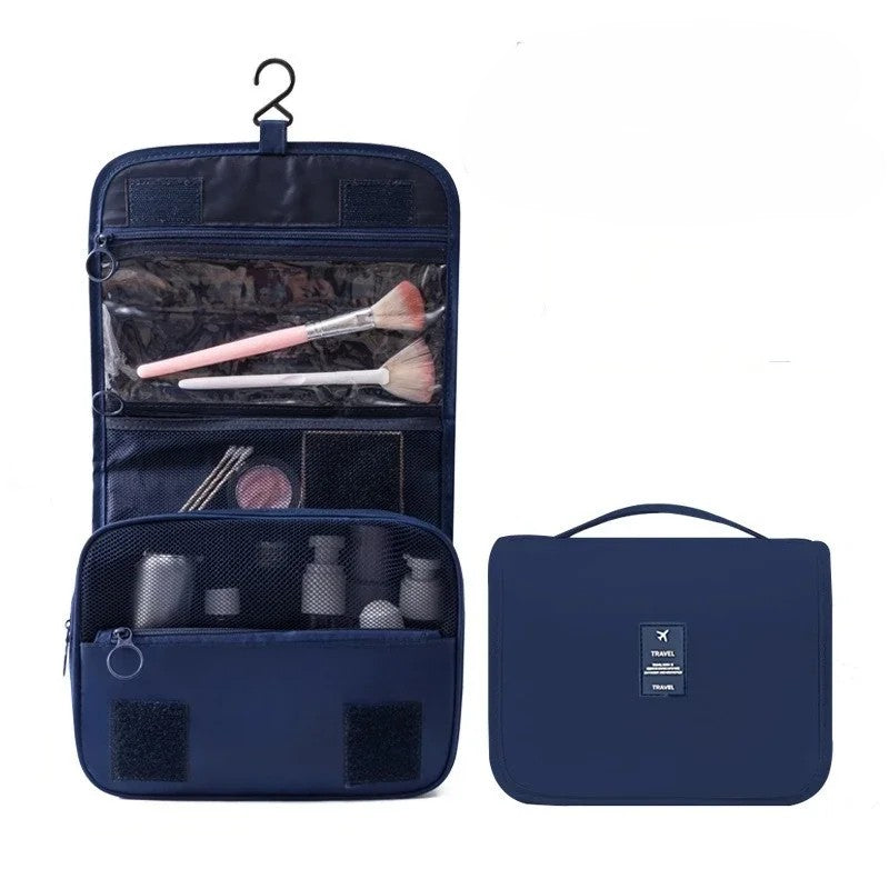  Waterproof hanging travel makeup bag in navy blue with hook and carry handle