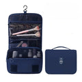  Waterproof hanging travel makeup bag in navy blue with hook and carry handle
