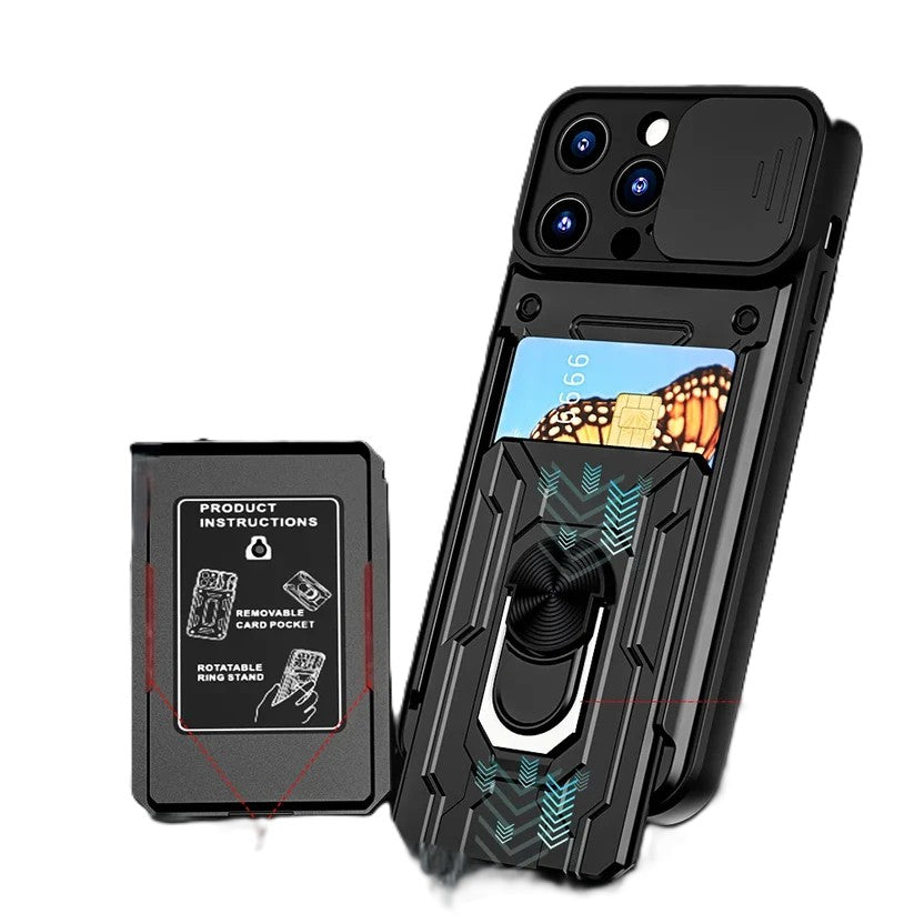 Black shockproof iPhone case with removable card pocket open showing bank card inserted and rotatable ring kickstand with product instructions card