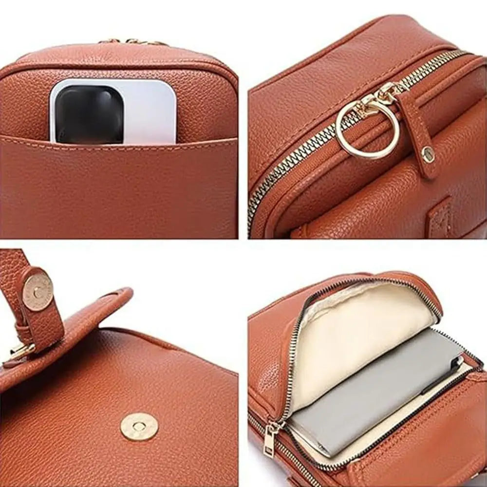Vintage PU leather crossbody bag showing interior layout with main compartment, internal slot and front pocket and zips