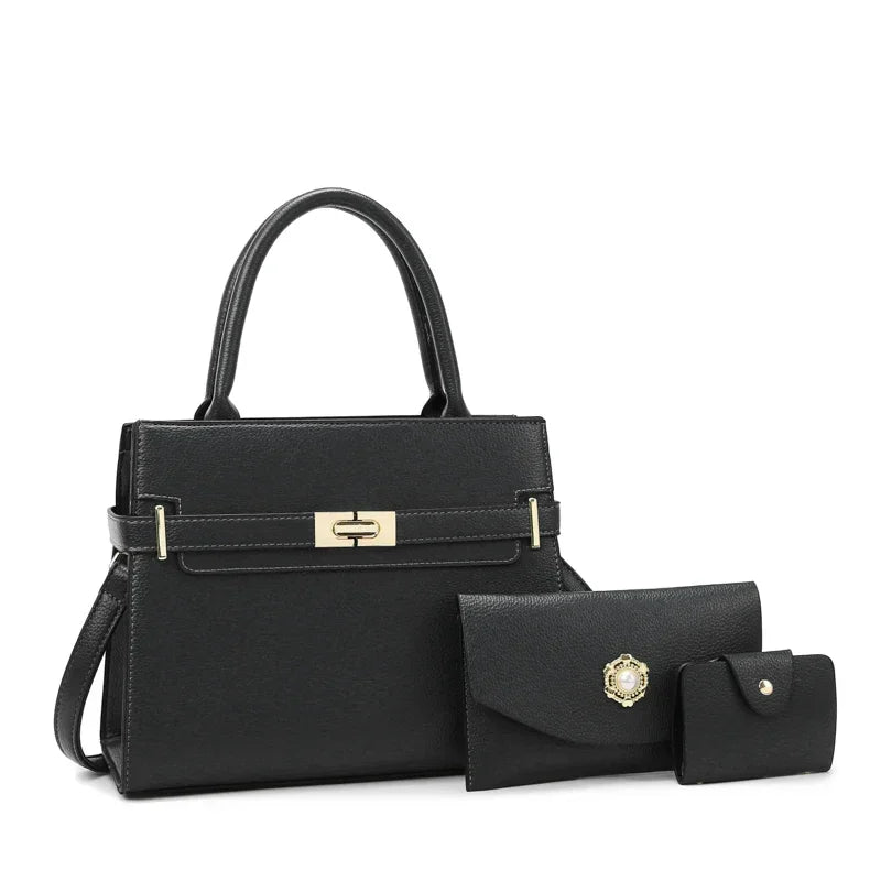 3‑Piece Premium Vegan Leather Bag Set – Shoulder Bag + Coin Purse + Card Holder
