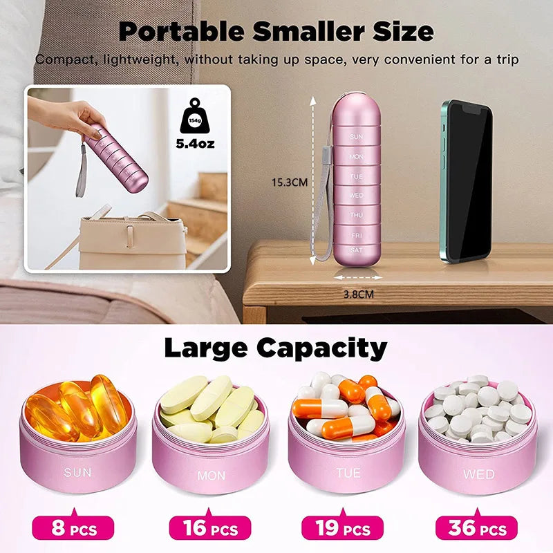 Metal Portable Medicine Box – 7‑Day Aluminium Alloy Waterproof Pill Holder with strap