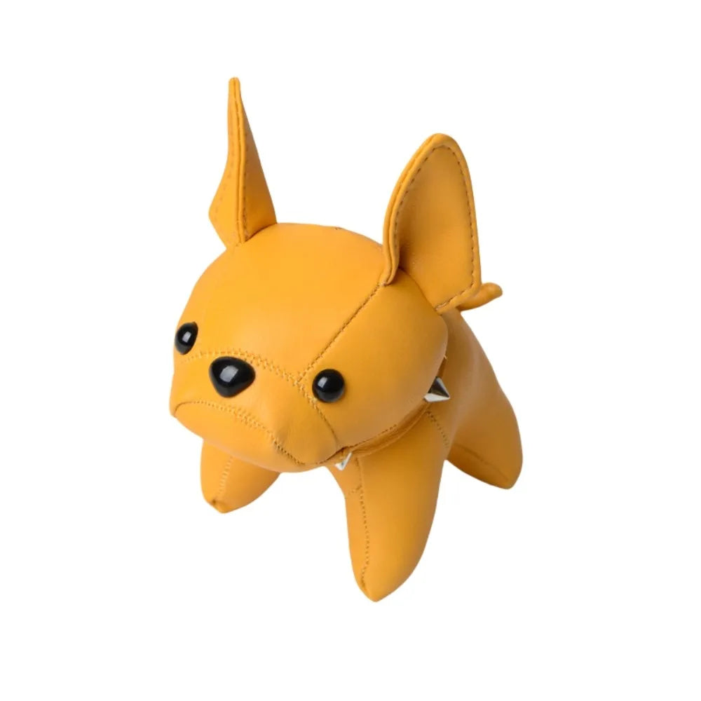 Yellow kawaii French Bulldog leather keychain with silver spike collar detail — cute chubby dog bag charm kawaii accessory