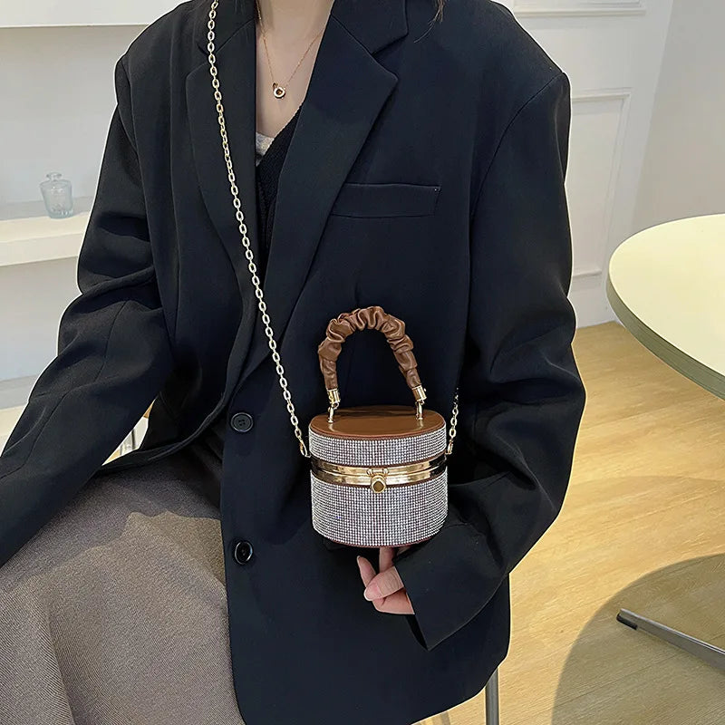 Mini Rhinestone Bucket Bag – Ruched Handle & Chain Crossbody