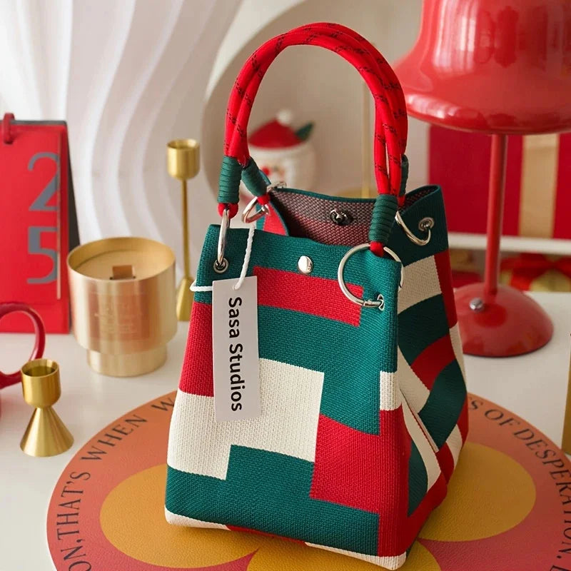 Women’s Vintage Floral Knit Tote Bag – Lightweight Shoulder Bag with Adjustable Straps & Snap Closure