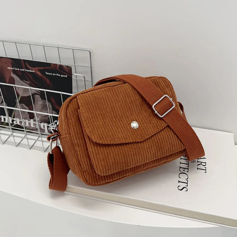Corduroy Striped Crossbody Bag – Soft Casual Shoulder Bag with Adjustable Strap (Women’s Square Bag)