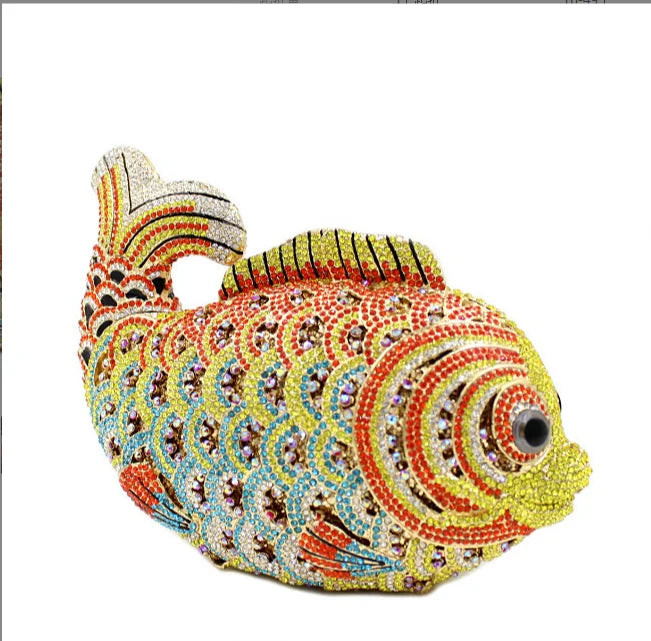 Fish Rhinestone Evening Clutch – Gold Crystal Minaudière Wedding & Party Handbag