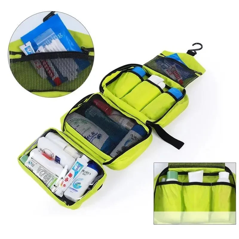 Lime green hanging toiletry bag with close-up details of the mesh pocket and elastic bottle loops