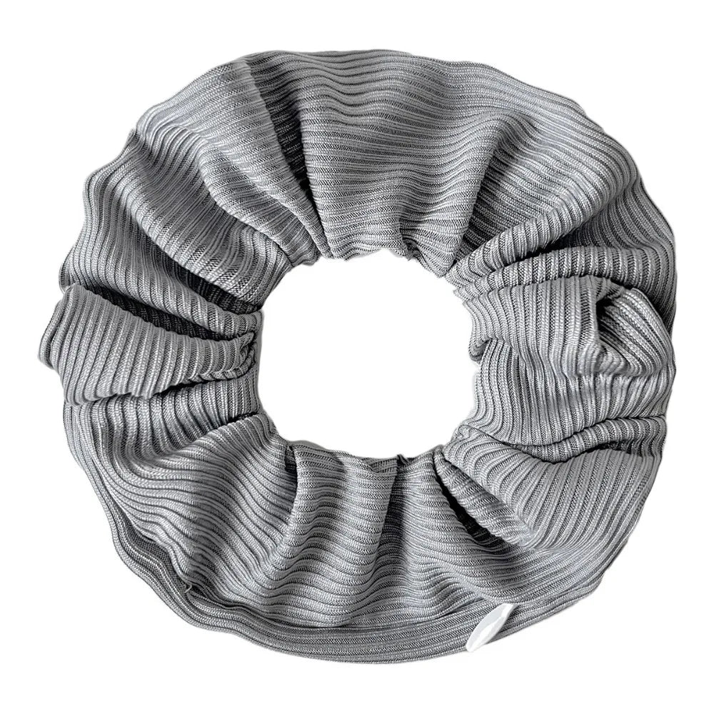 Hidden closure hair scrunchie in grey ribbed knit with zipper storage pocket