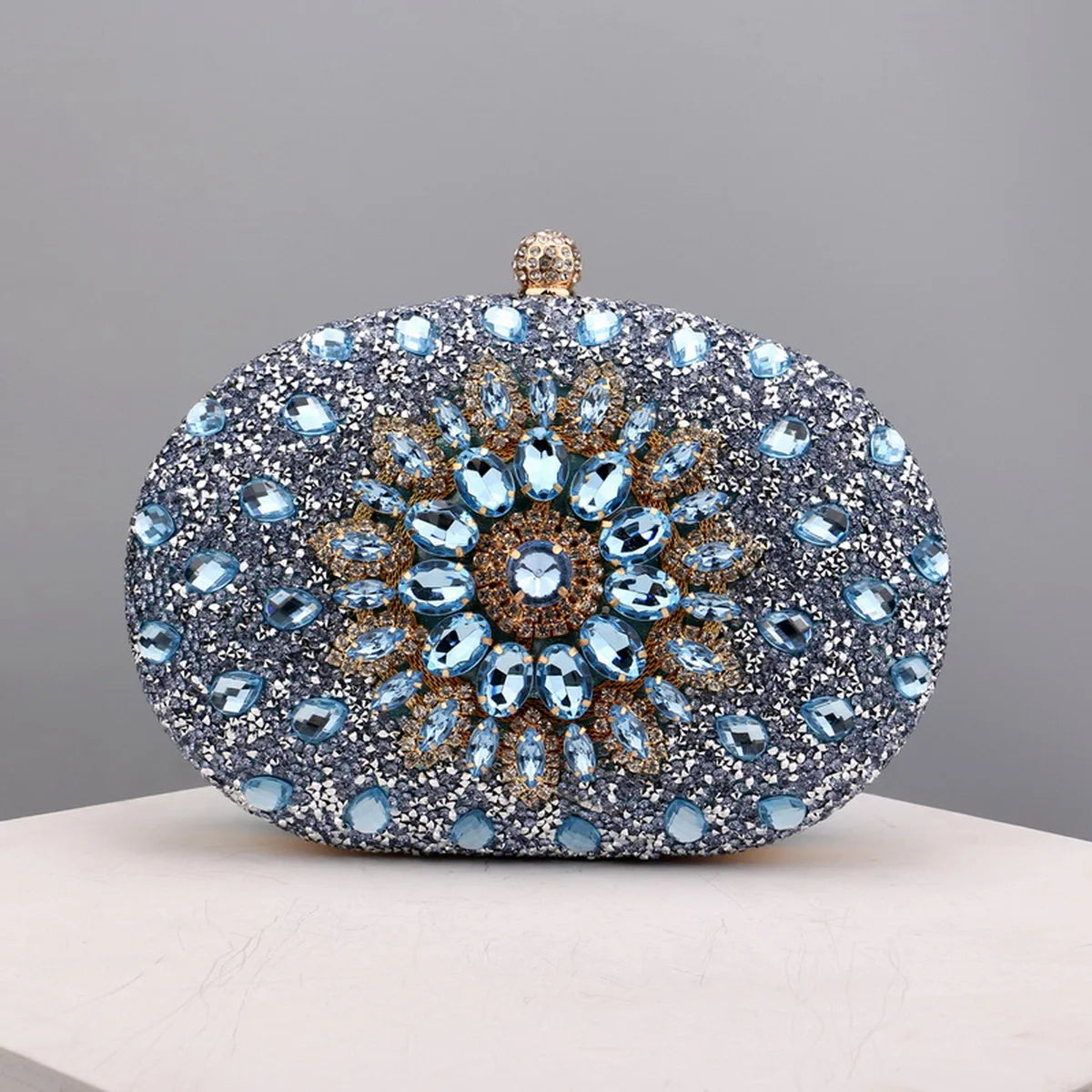 Flower Rhinestone Oval Clutch Purse – Sparkling Acrylic Evening Bag with Detachable Chain