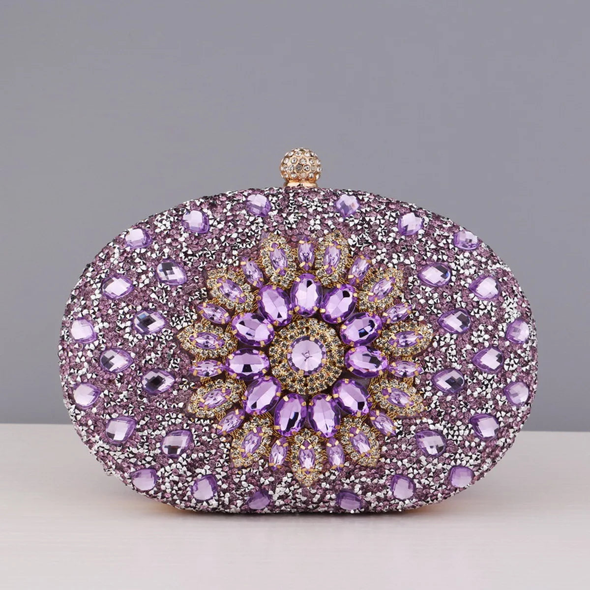 Flower Rhinestone Oval Clutch Purse – Sparkling Acrylic Evening Bag with Detachable Chain