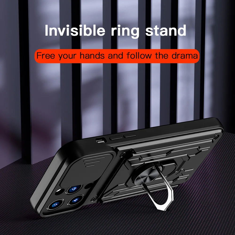 Shockproof iPhone Case with Card Slot & Kickstand – Camera Protection Ring Cover