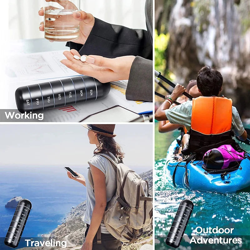 Metal Portable Medicine Box – 7‑Day Aluminium Alloy Waterproof Pill Holder with strap